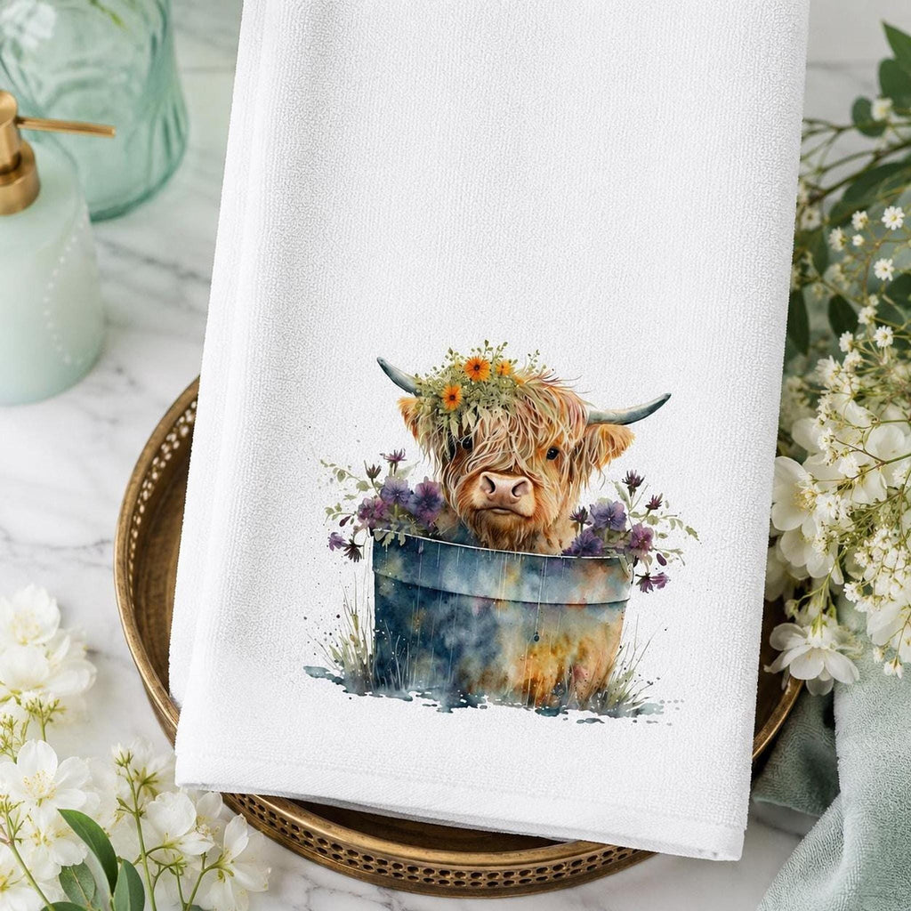Highland Cow Hand Towel, Floral White Towel for Powder Room Decor