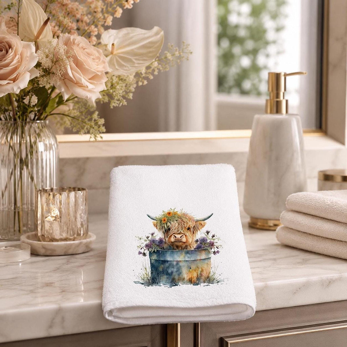 Highland Cow Hand Towel, Floral White Towel for Powder Room Decor