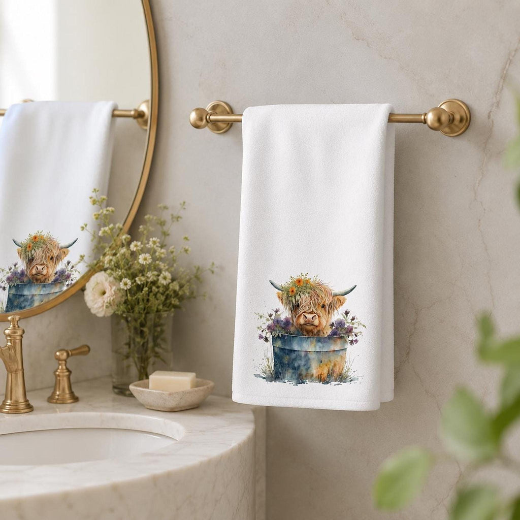 Highland Cow Hand Towel, Floral White Towel for Powder Room Decor