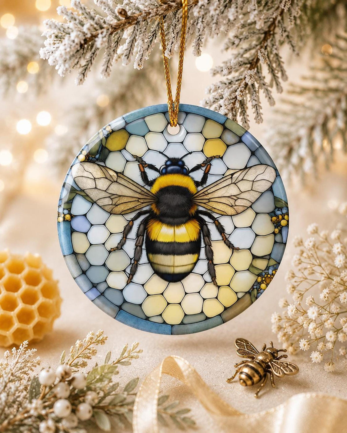 Bumblebee Ornament, Honeycomb Ceramic Decor with Bee Motif