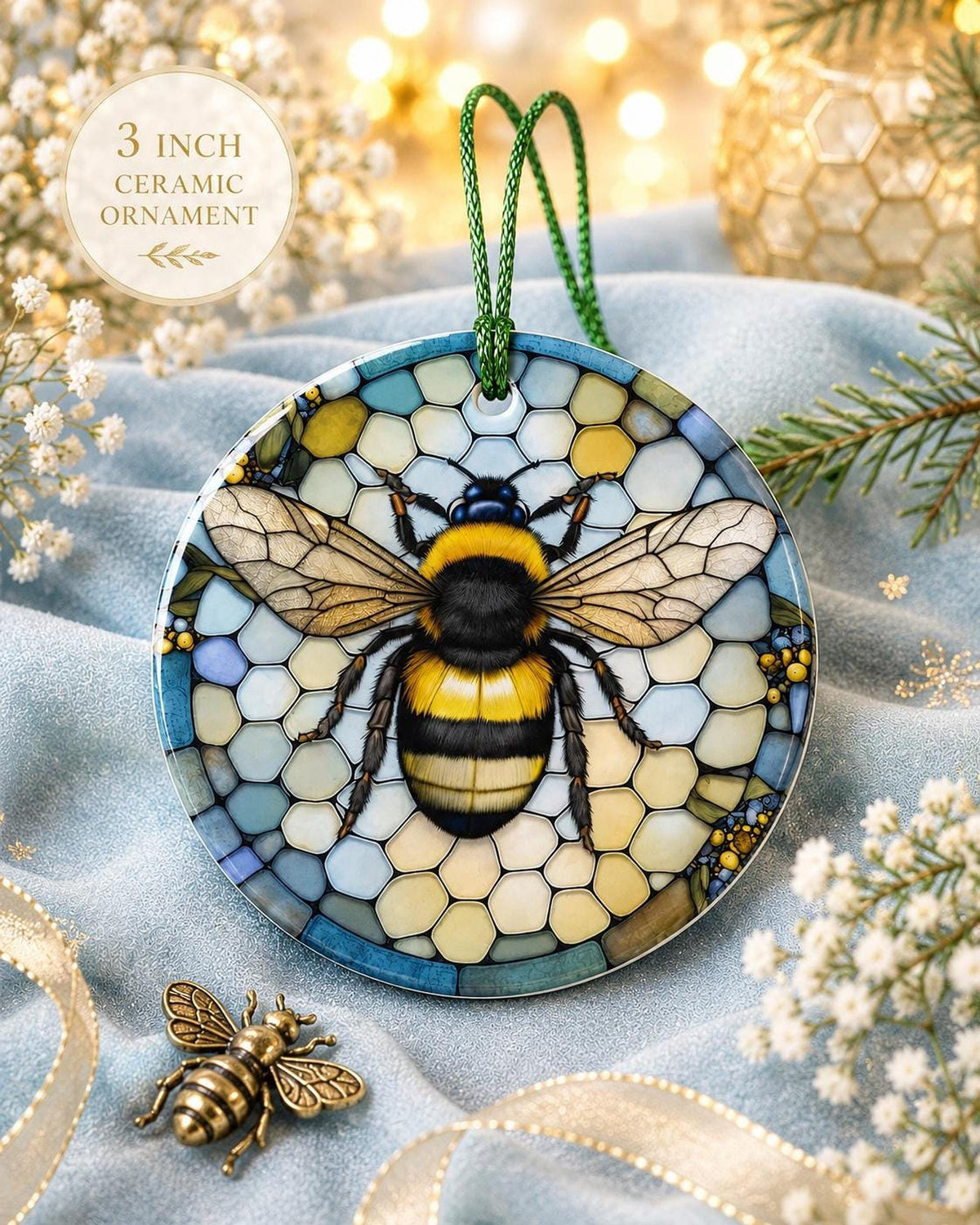 Bumblebee Ornament, Honeycomb Ceramic Decor with Bee Motif