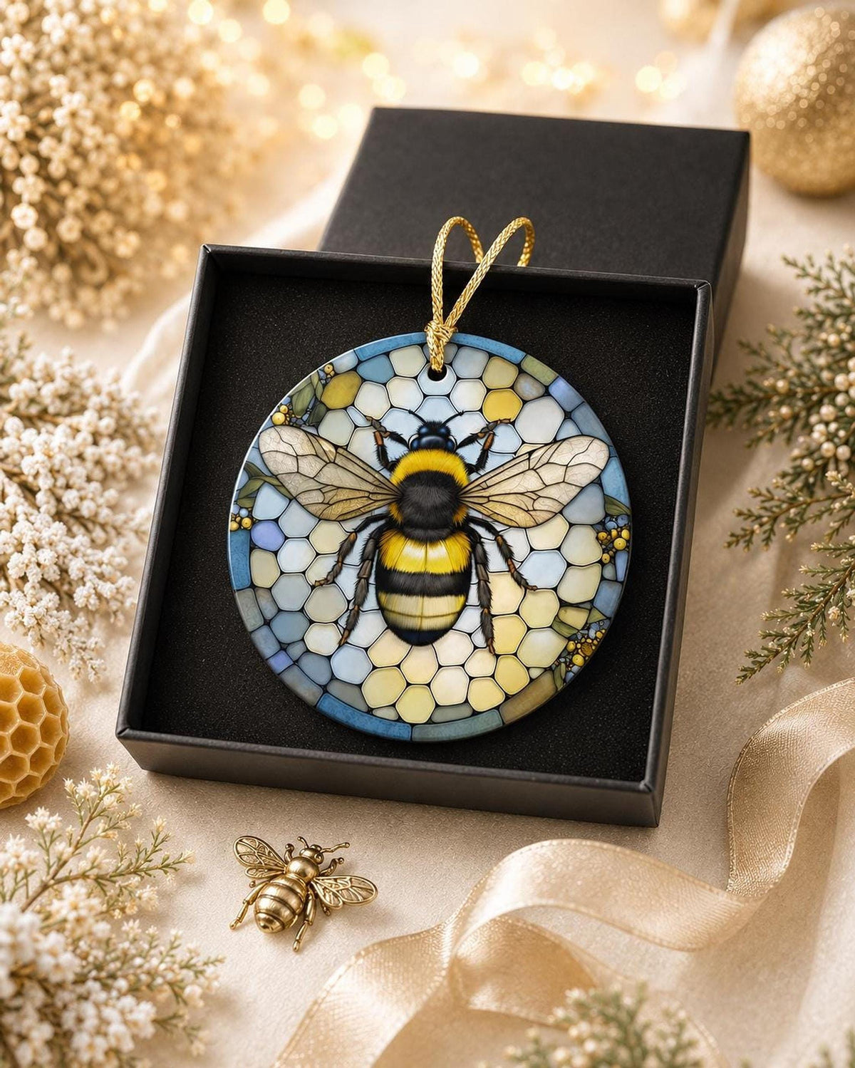 Bumblebee Ornament, Honeycomb Ceramic Decor with Bee Motif