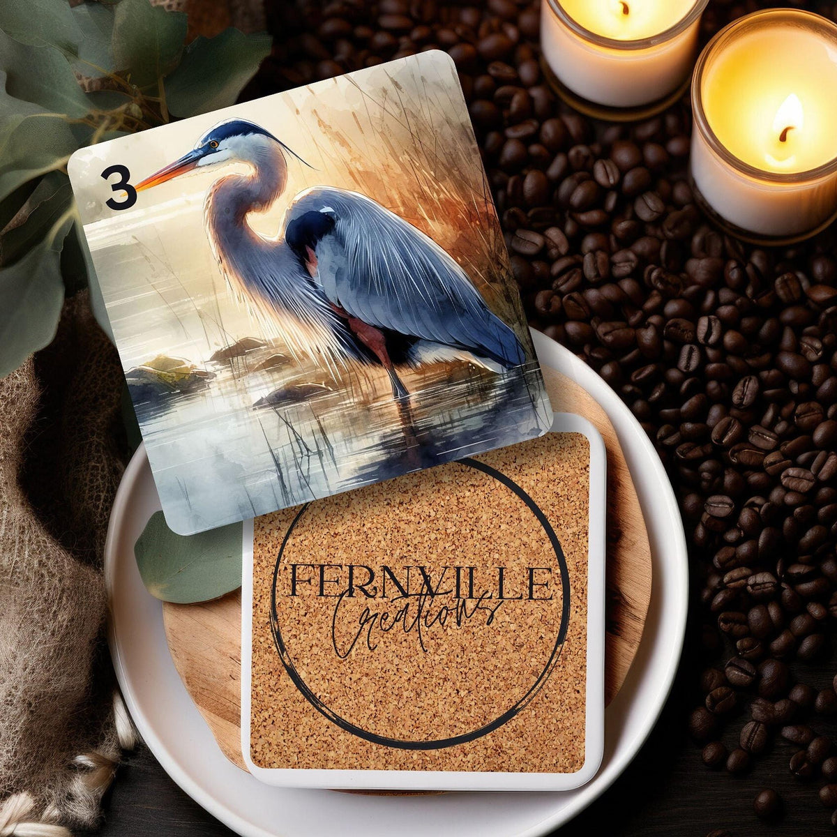 Blue Heron Coaster, Ceramic Nature Decor with Glossy Finish