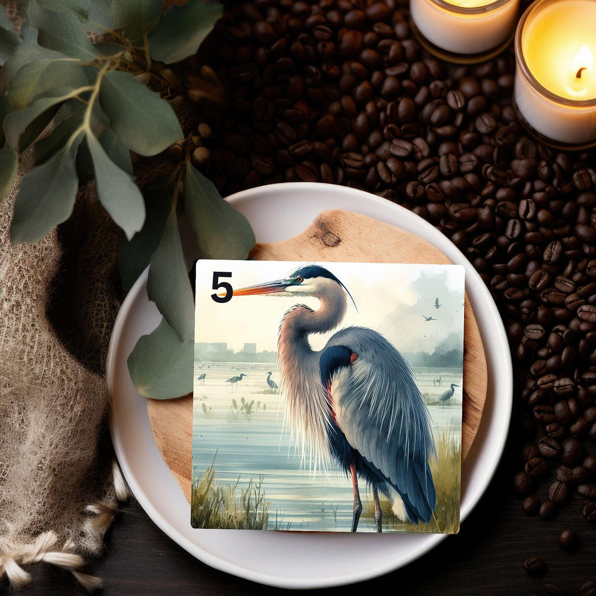 Blue Heron Coaster, Ceramic Nature Decor with Glossy Finish