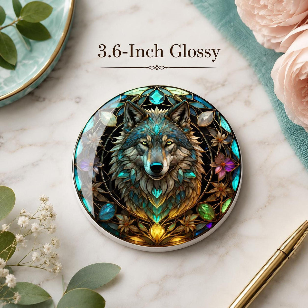 Wolf Coaster, Round Ceramic with Botanical Design, Custom Size Options and Finish