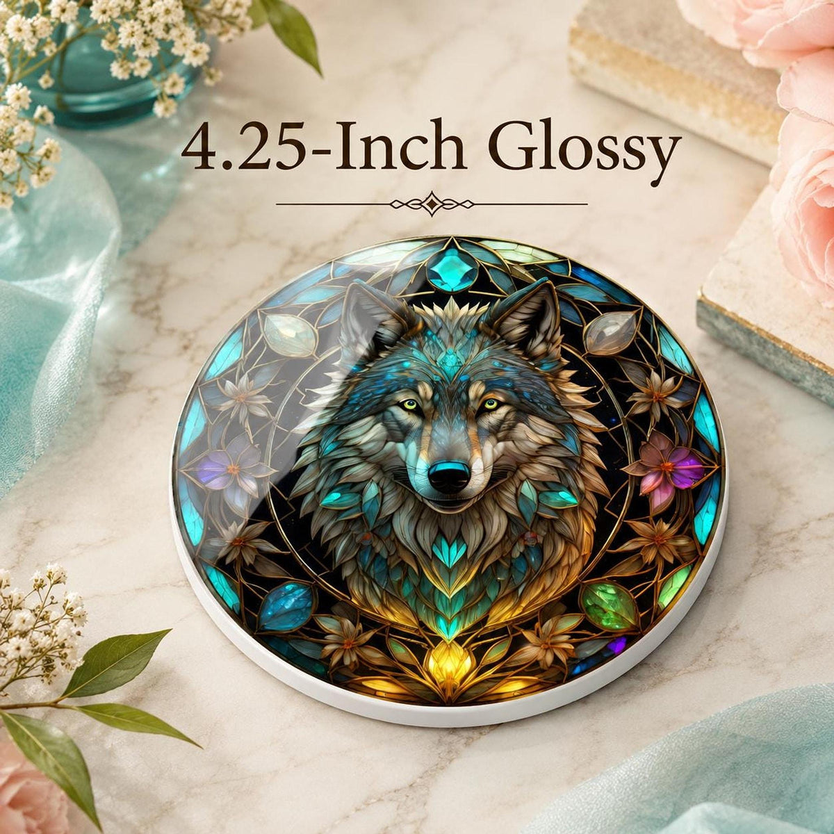 Wolf Coaster, Round Ceramic with Botanical Design, Custom Size Options and Finish