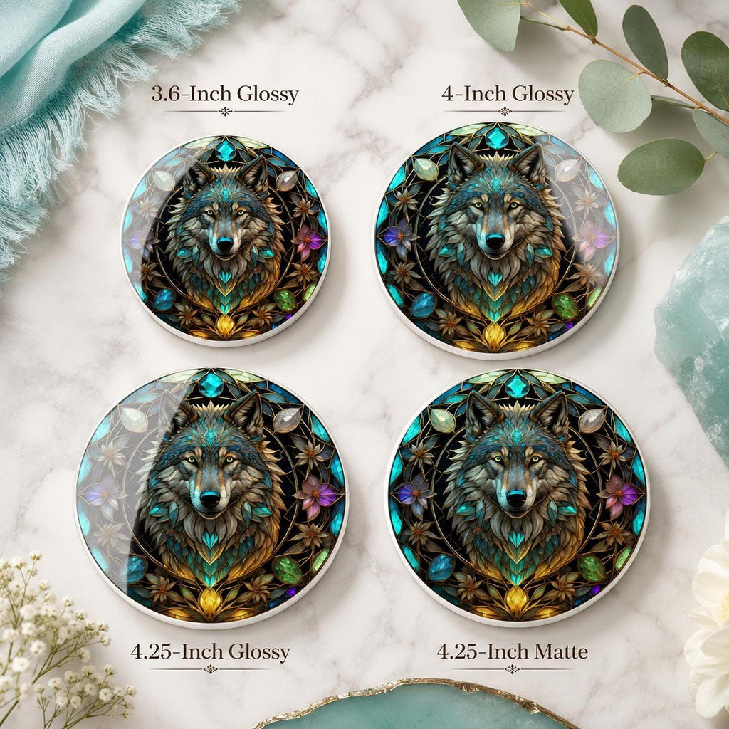 Wolf Coaster, Round Ceramic with Botanical Design, Custom Size Options and Finish