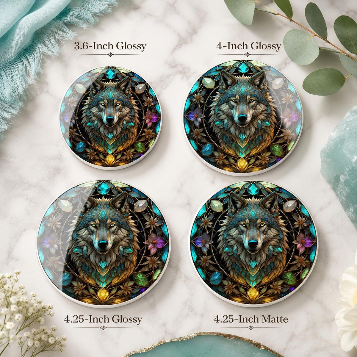 Wolf Coaster, Round Ceramic with Botanical Design, Custom Size Options and Finish