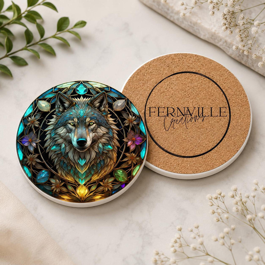 Wolf Coaster, Round Ceramic with Botanical Design, Custom Size Options and Finish