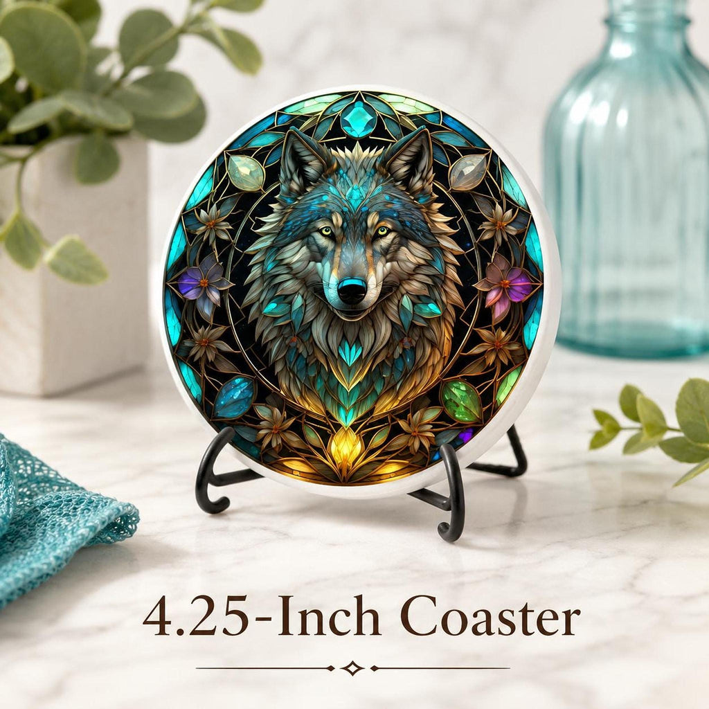 Wolf Coaster, Round Ceramic with Botanical Design, Custom Size Options and Finish