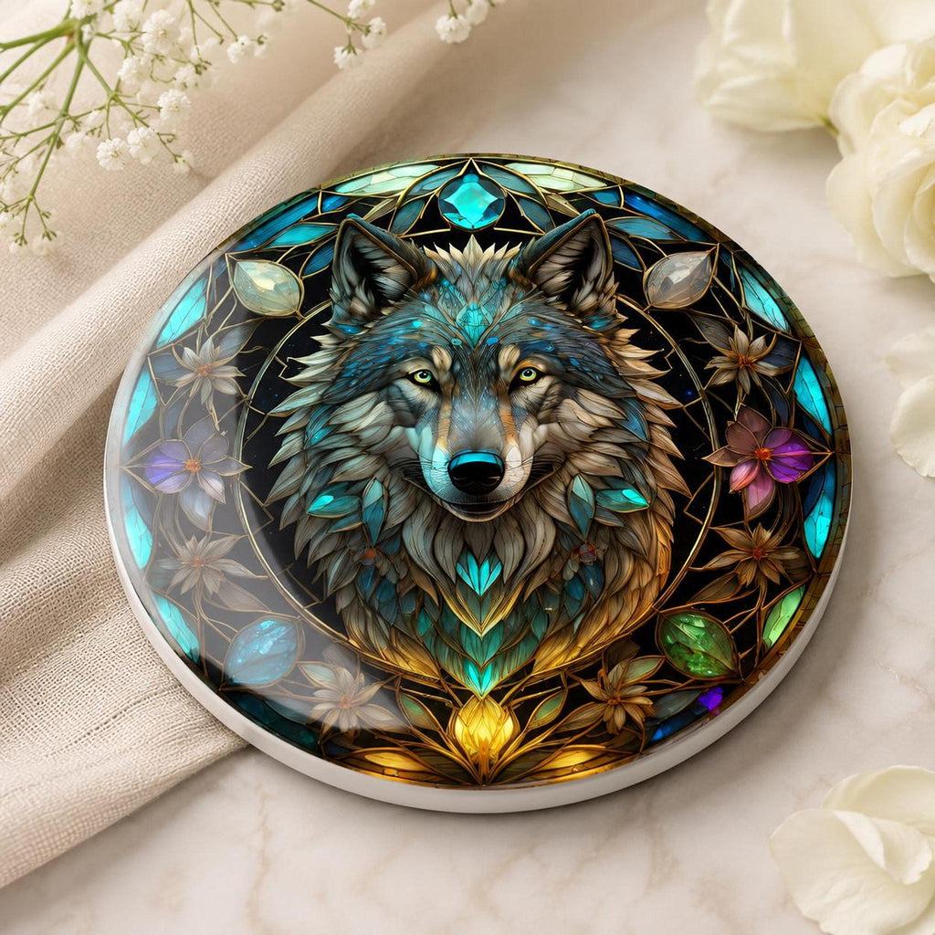 Wolf Coaster, Round Ceramic with Botanical Design, Custom Size Options and Finish