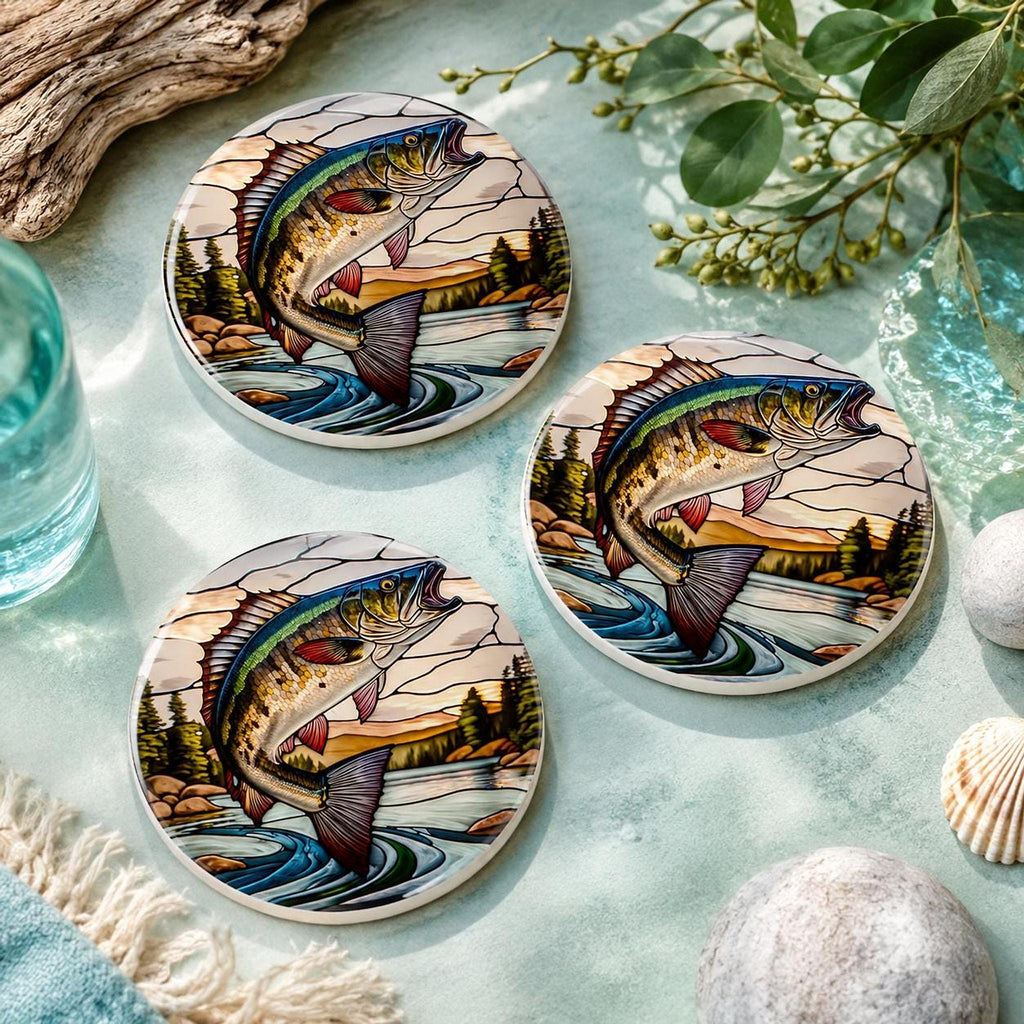 Fishing Coaster, Round Ceramic with Leaping Fish Design
