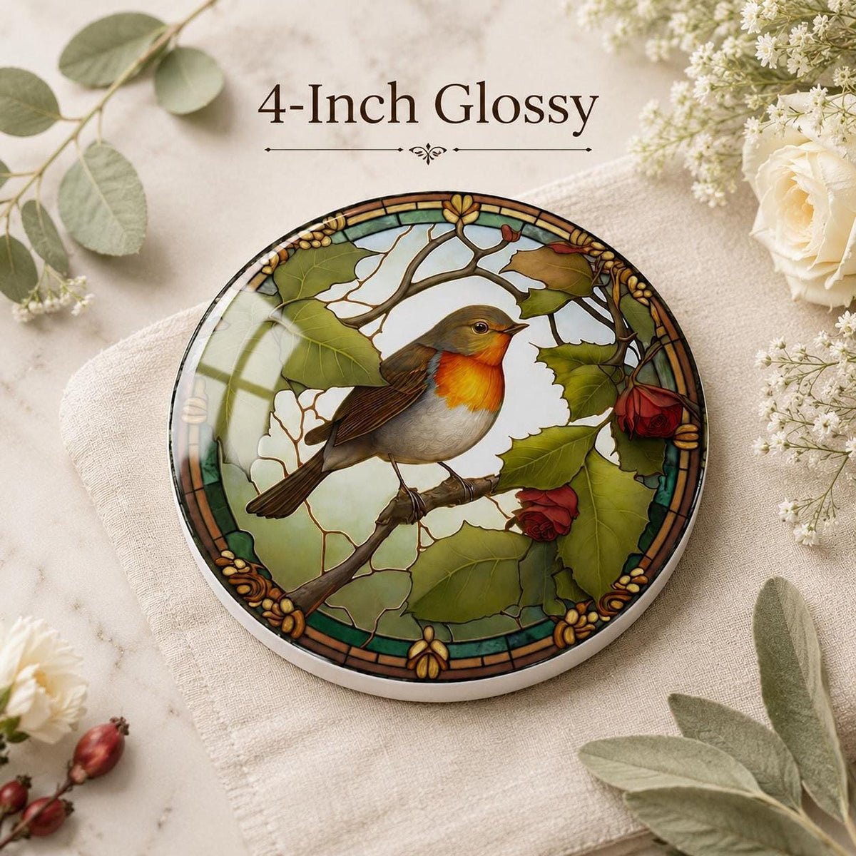 Robin Coaster, Round Ceramic Table Mat with Botanical Design