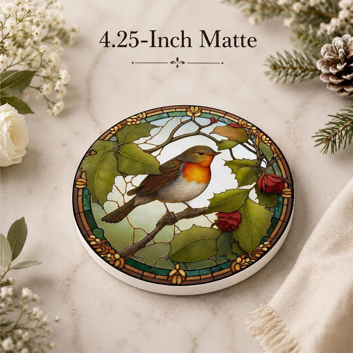 Robin Coaster, Round Ceramic Table Mat with Botanical Design