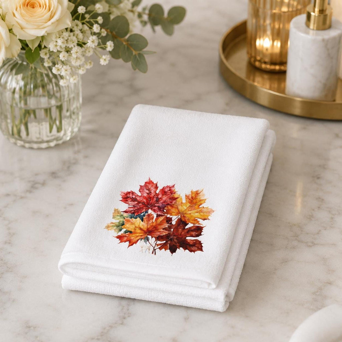 Fall Hand Towel with Maple Leaf Design, Autumn Bathroom Decor
