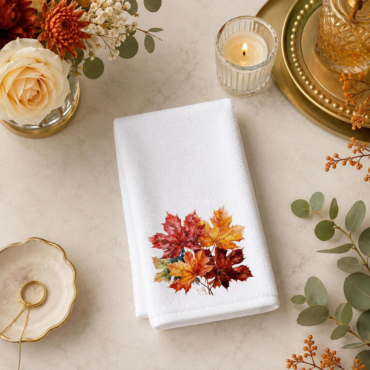 Fall Hand Towel with Maple Leaf Design, Autumn Bathroom Decor