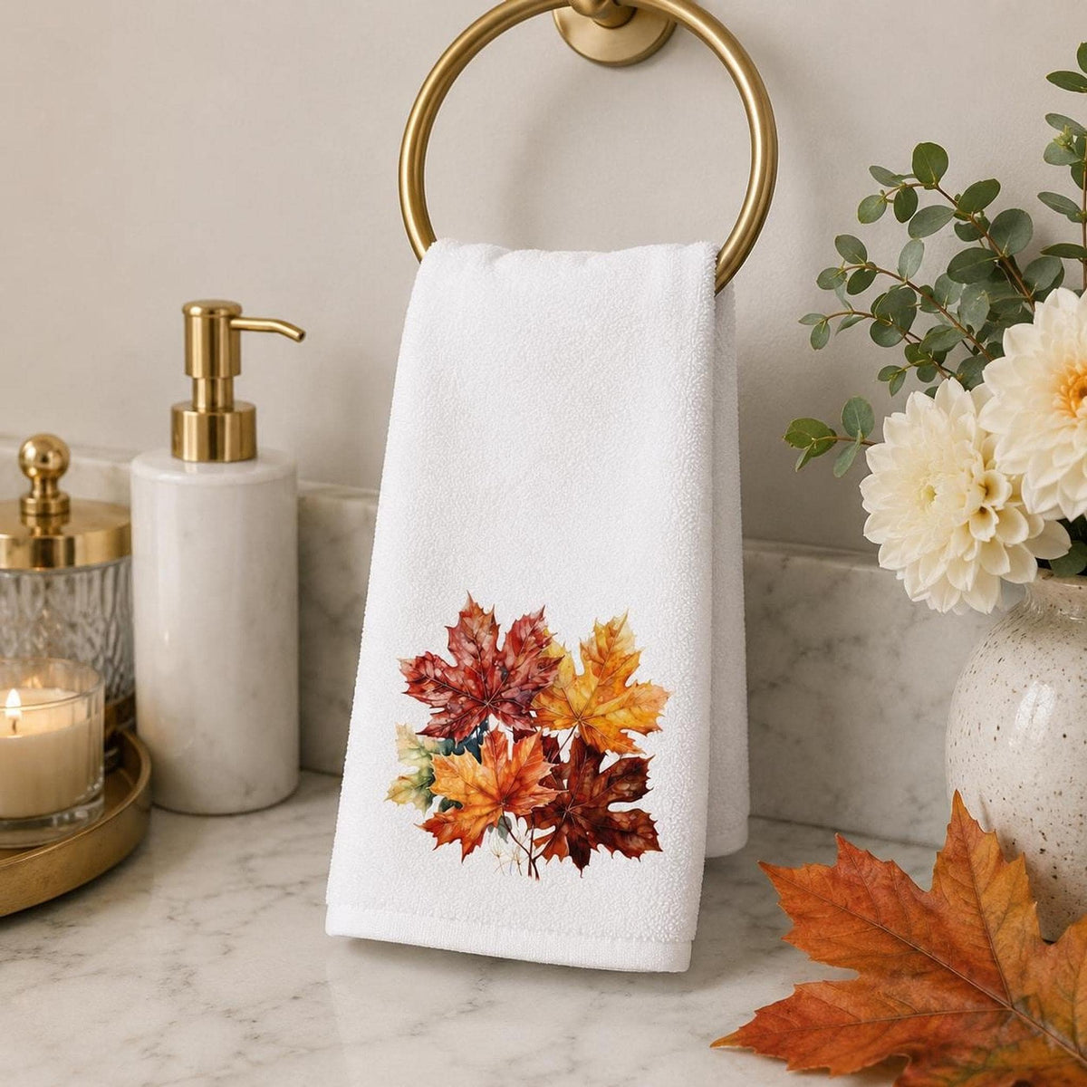 Fall Hand Towel with Maple Leaf Design, Autumn Bathroom Decor