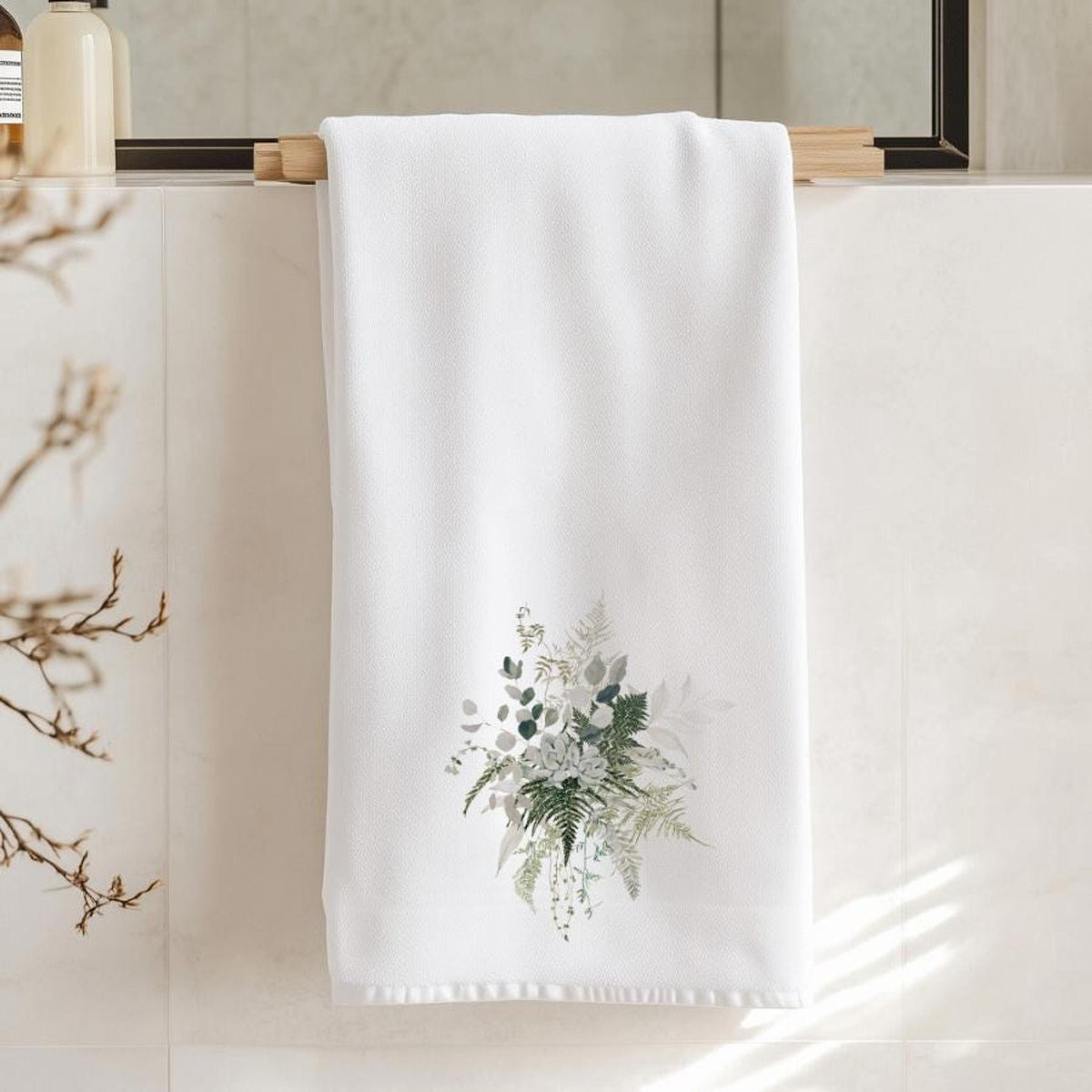 Botanical Hand Towel with Fern Print, Soft Cotton Terrycloth Bath Decor