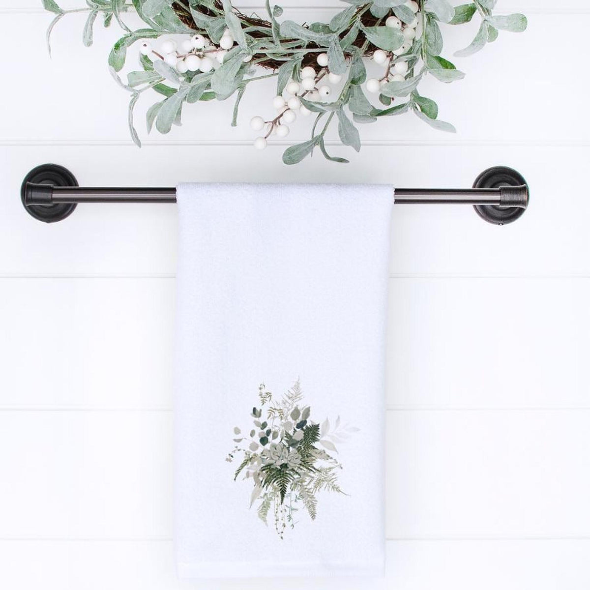 Botanical Hand Towel with Fern Print, Soft Cotton Terrycloth Bath Decor