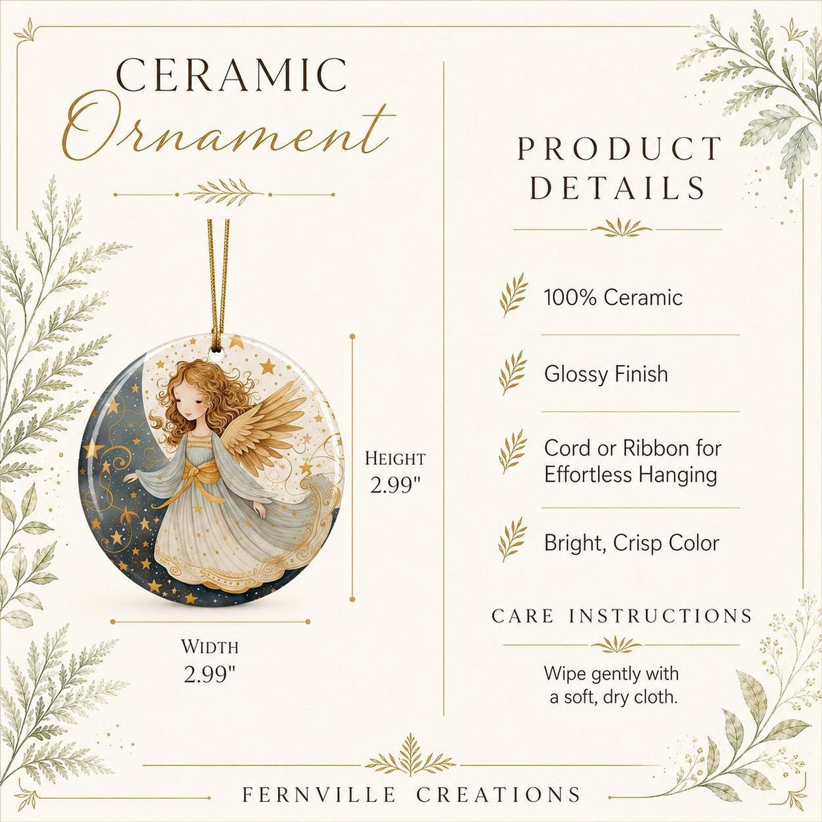 Angel Holiday Decor Ceramic Ornament, Celestial Design with Gold Star
