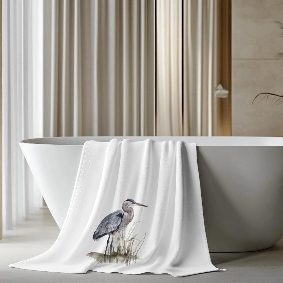 Blue Heron Watercolor Bath Towel, Nature Inspired Coastal Decor