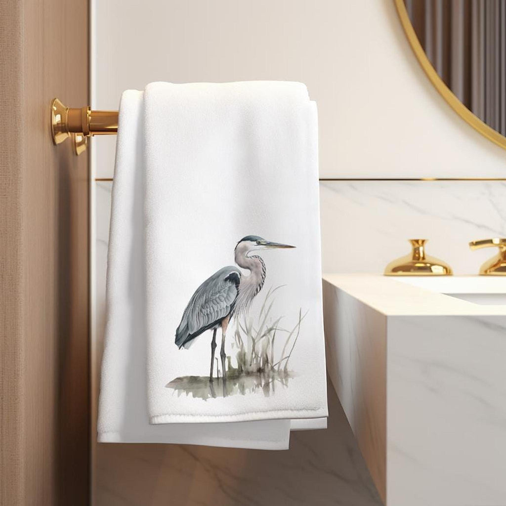 Blue Heron Watercolor Bath Towel, Nature Inspired Coastal Decor
