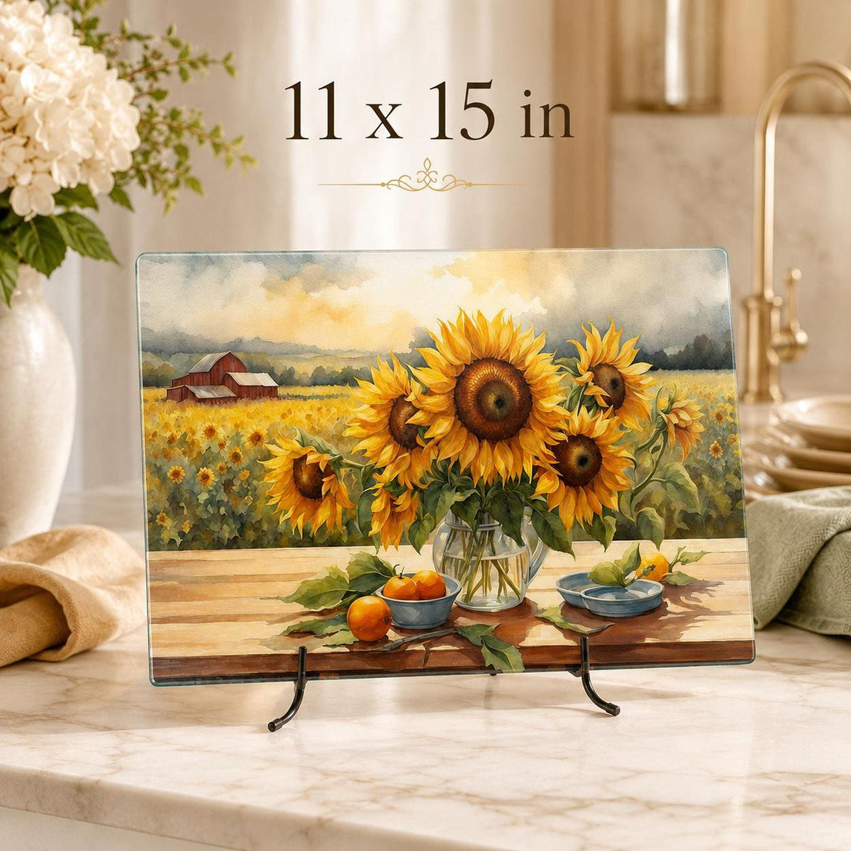 Glass Cutting Board with Sunflower Design, Tempered Charcuterie Tray