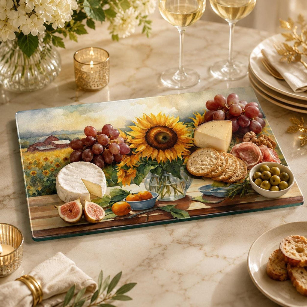 Glass Cutting Board with Sunflower Design, Tempered Charcuterie Tray