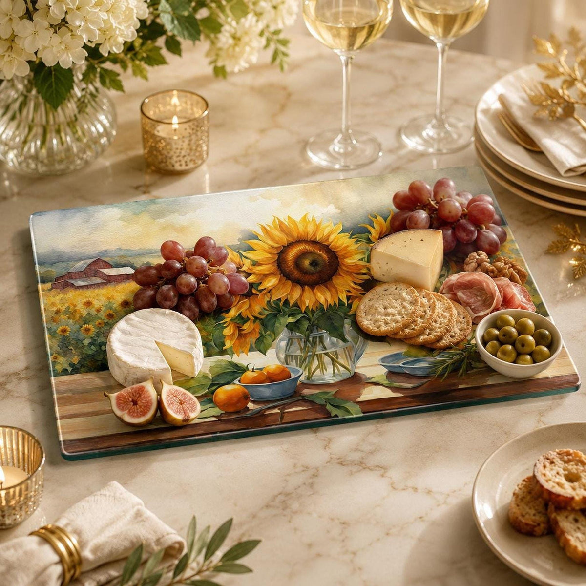 Glass Cutting Board with Sunflower Design, Tempered Charcuterie Tray
