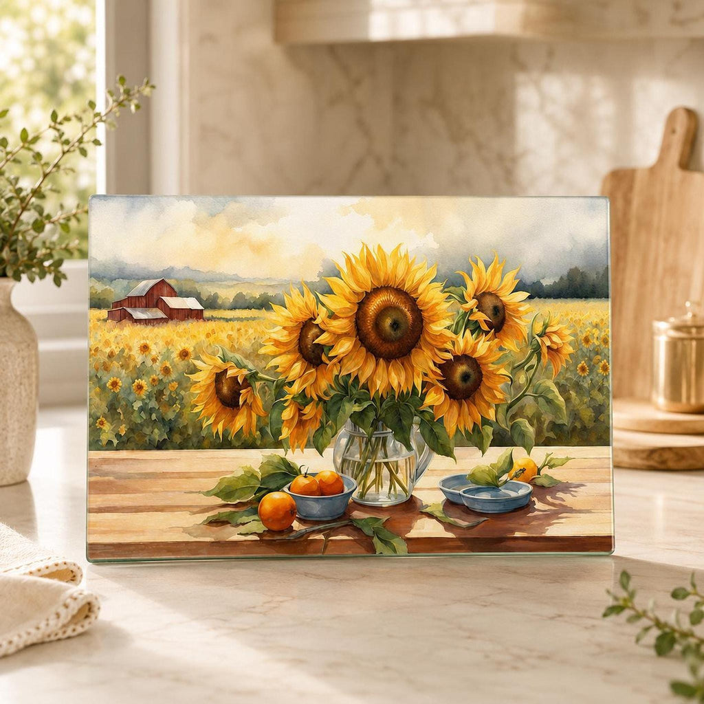 Glass Cutting Board with Sunflower Design, Tempered Charcuterie Tray