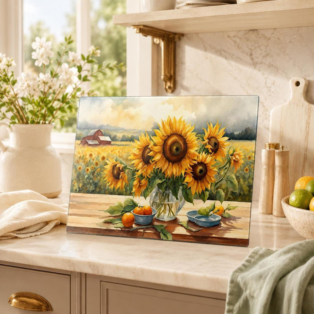 Glass Cutting Board with Sunflower Design, Tempered Charcuterie Tray
