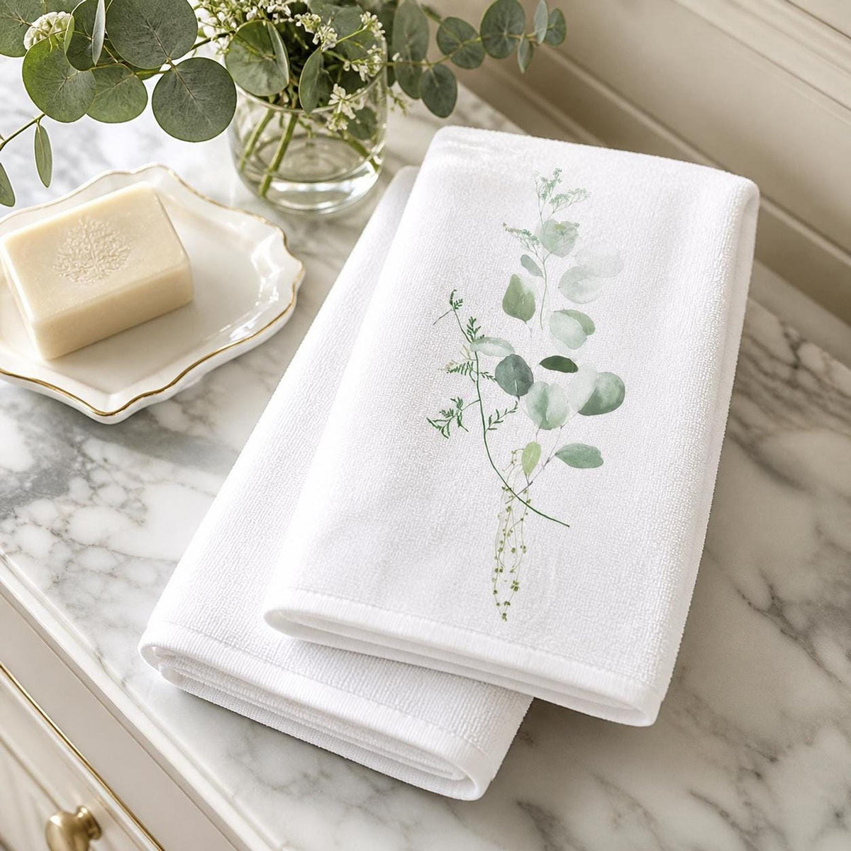 Eucalyptus Towel Set, White Botanical Hand for Spa Bathroom Decor