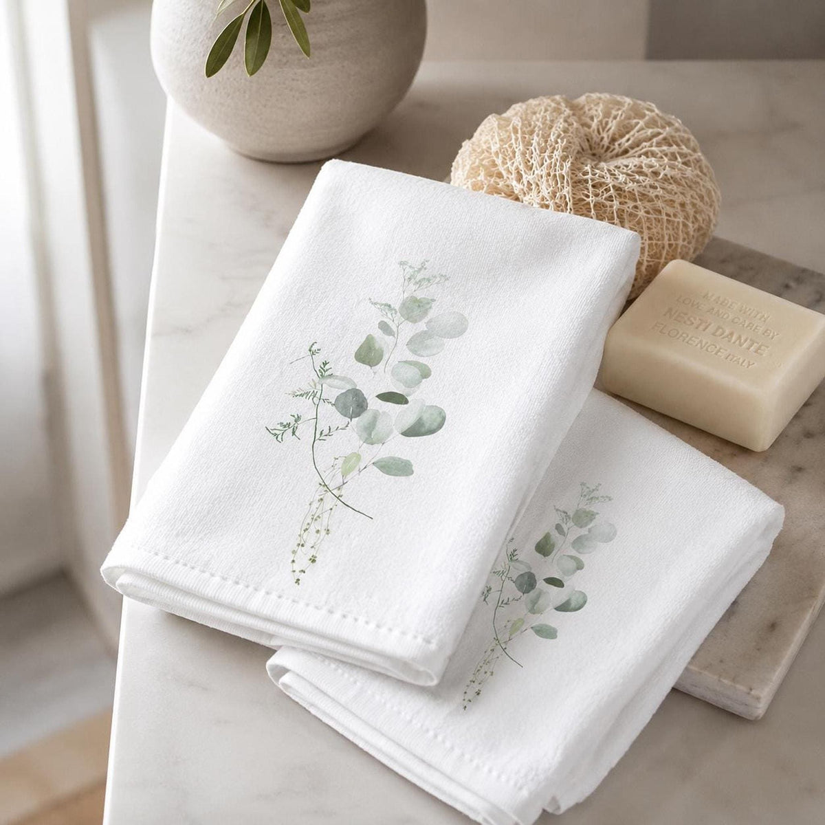 Eucalyptus Towel Set, White Botanical Hand for Spa Bathroom Decor