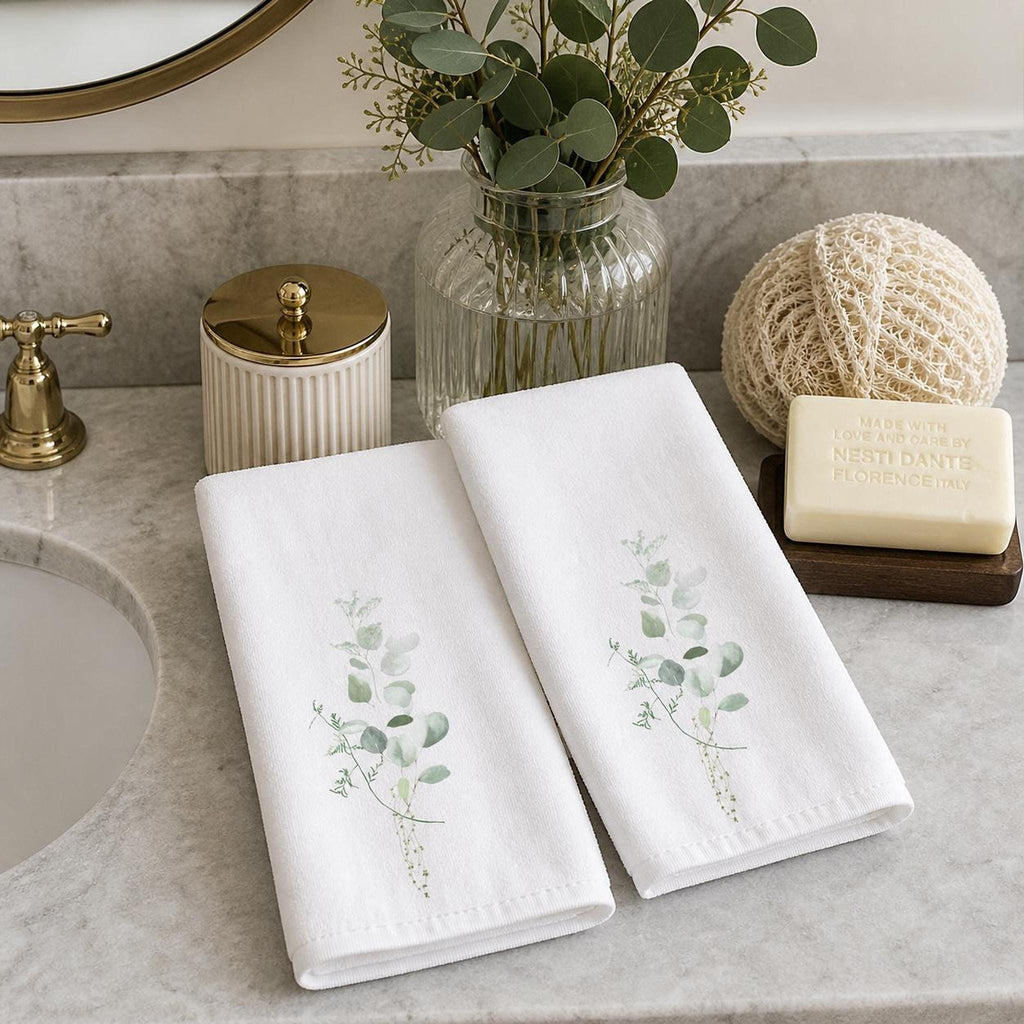 Eucalyptus Towel Set, White Botanical Hand for Spa Bathroom Decor
