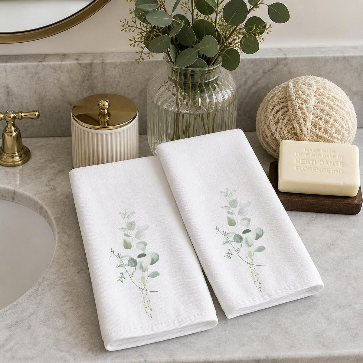 Eucalyptus Towel Set, White Botanical Hand for Spa Bathroom Decor