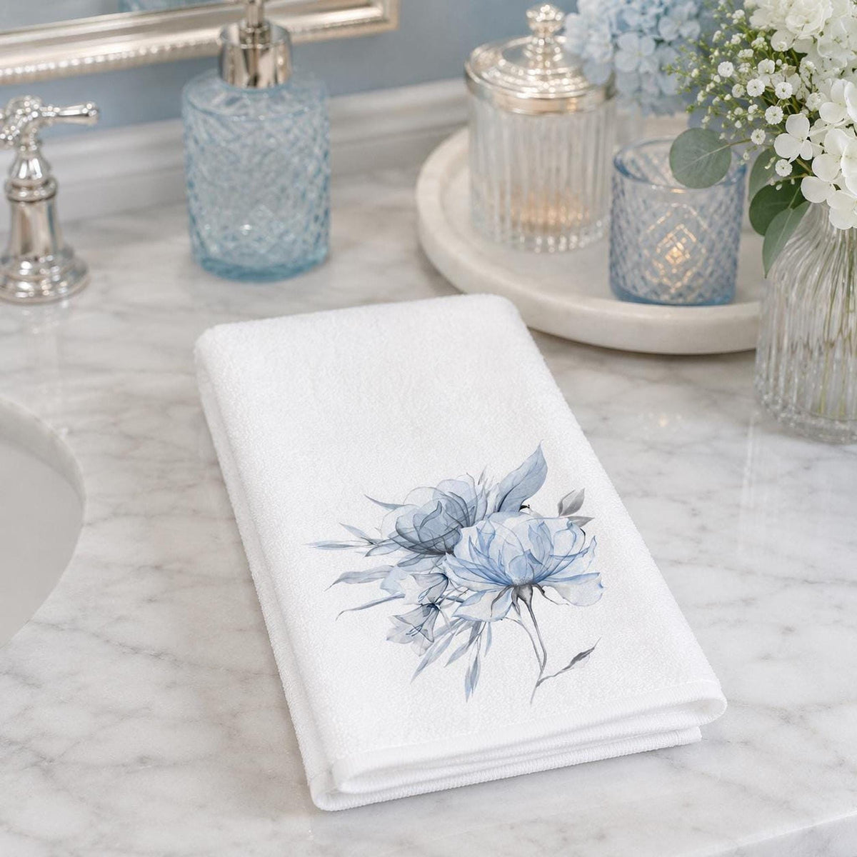 Floral Hand Towel with Blue Watercolor Design, Soft Cotton Terry Back