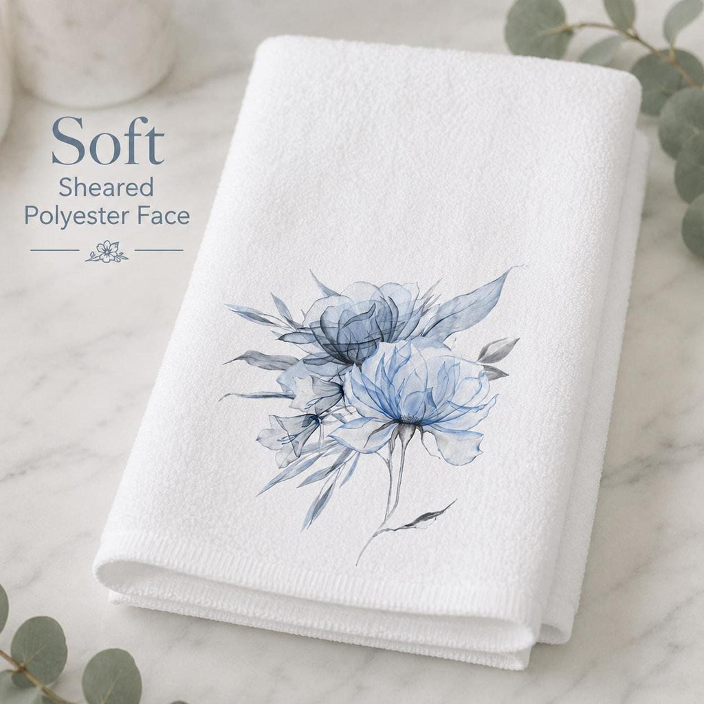 Floral Hand Towel with Blue Watercolor Design, Soft Cotton Terry Back