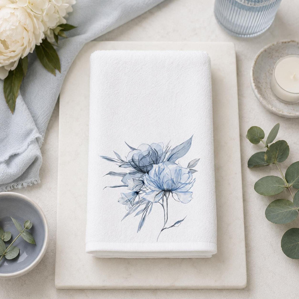 Floral Hand Towel with Blue Watercolor Design, Soft Cotton Terry Back