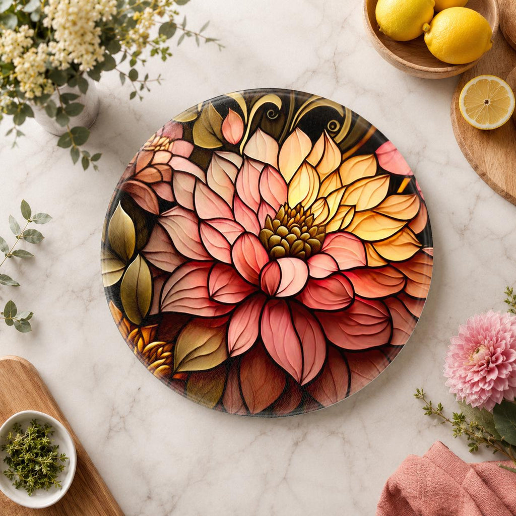 Floral Cutting Board, Round Tempered Glass Serving Tray with Blossom Design