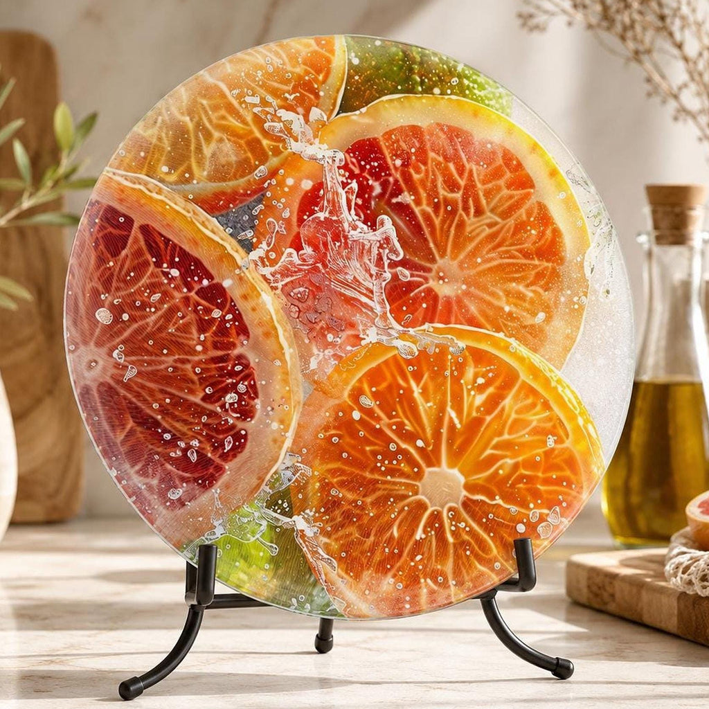 Citrus Cutting Board, Round Tempered Glass Serving Tray with Fruit Design