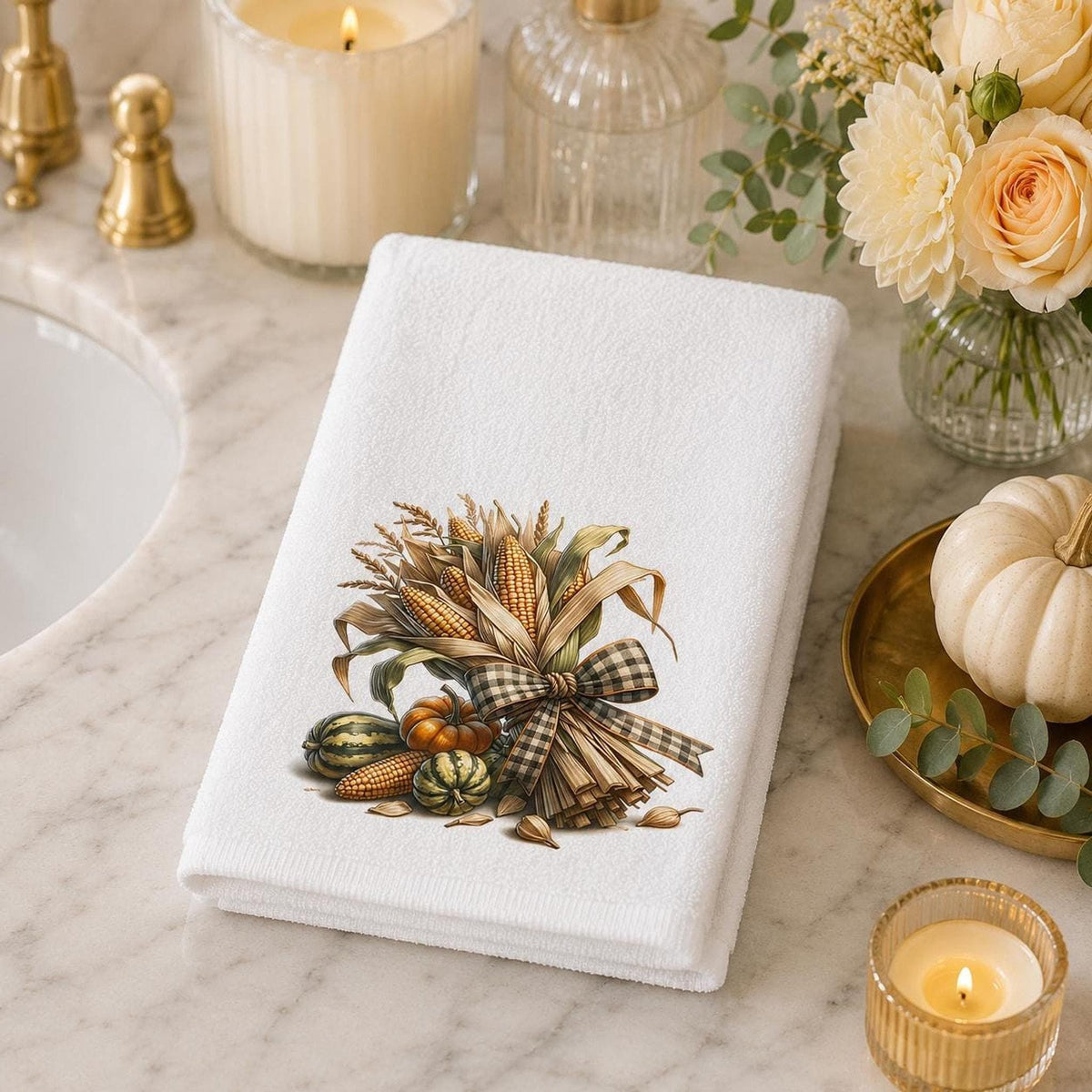 Autumn Hand Towel, Soft Polyester Cotton Blend with Pumpkin Design