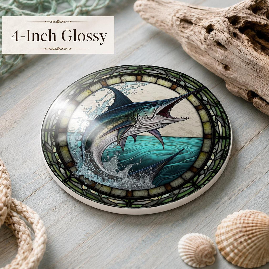Fishing Coaster with Marlin Design, Coastal Ceramic Drink Mat