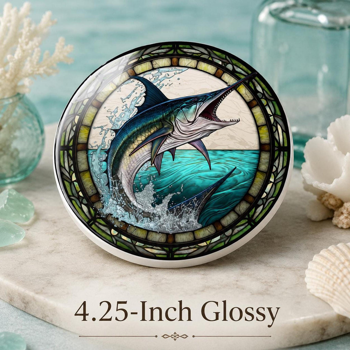Fishing Coaster with Marlin Design, Coastal Ceramic Drink Mat