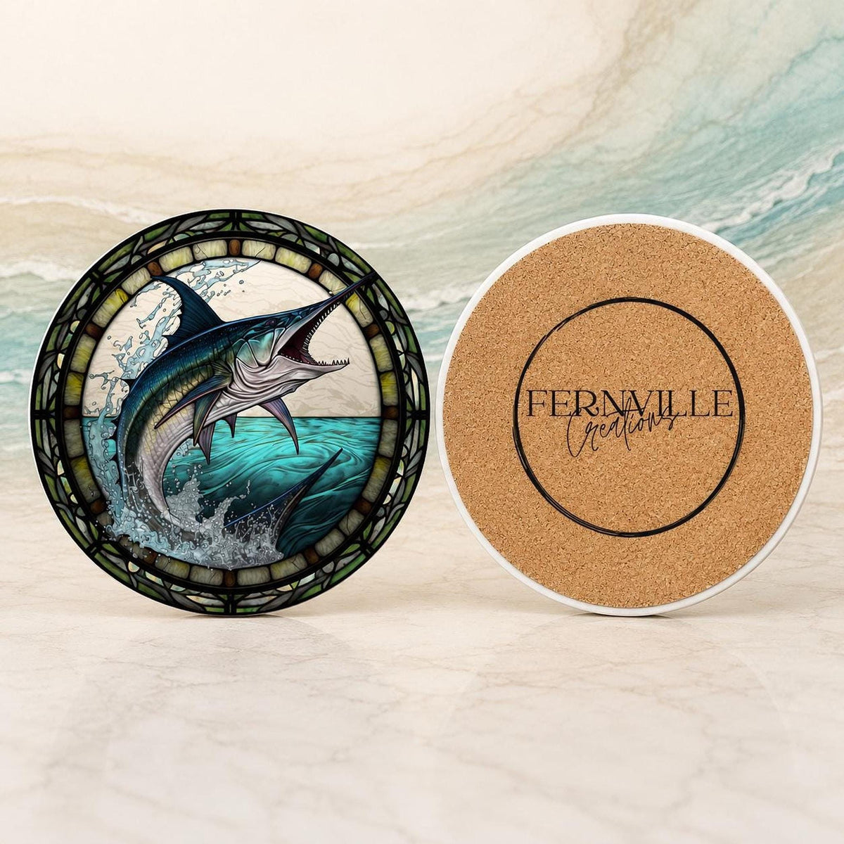 Fishing Coaster with Marlin Design, Coastal Ceramic Drink Mat