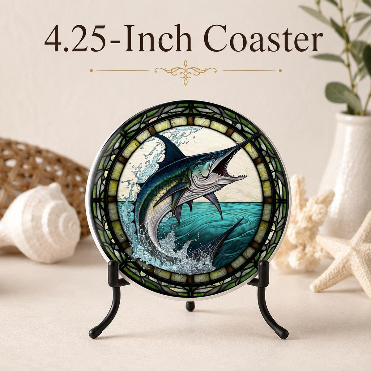 Fishing Coaster with Marlin Design, Coastal Ceramic Drink Mat