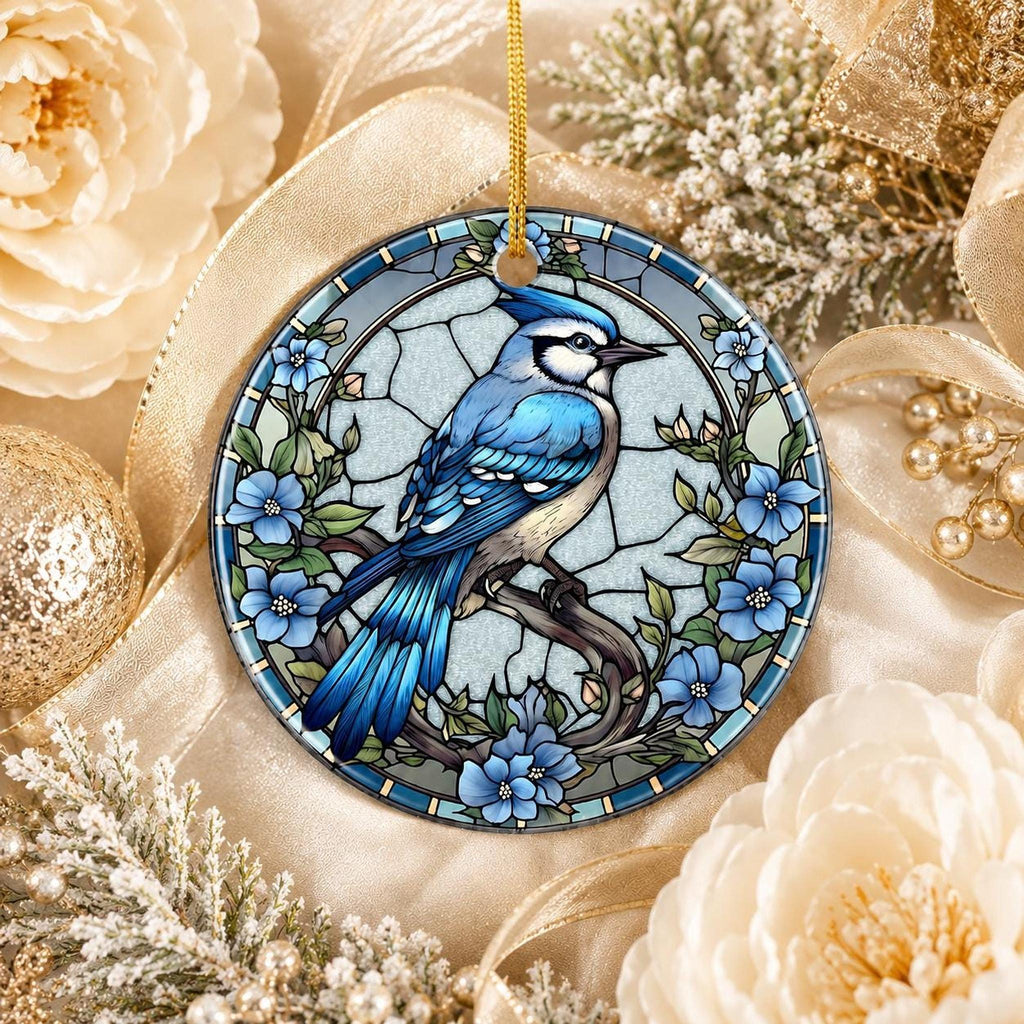 Blue Jay Ornament, Ceramic Keepsake with Stained Glass Inspired Design