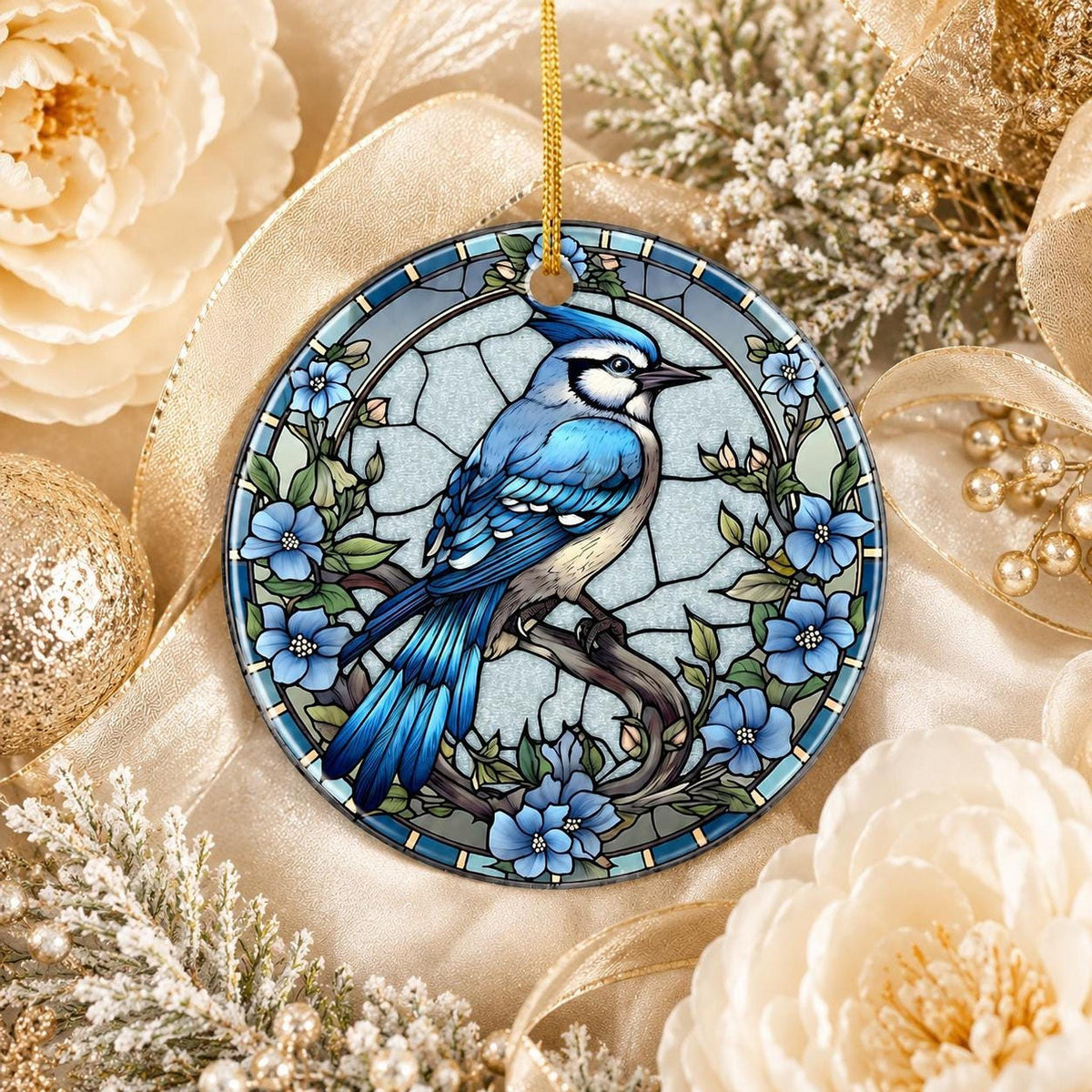 Blue Jay Ornament, Ceramic Keepsake with Stained Glass Inspired Design