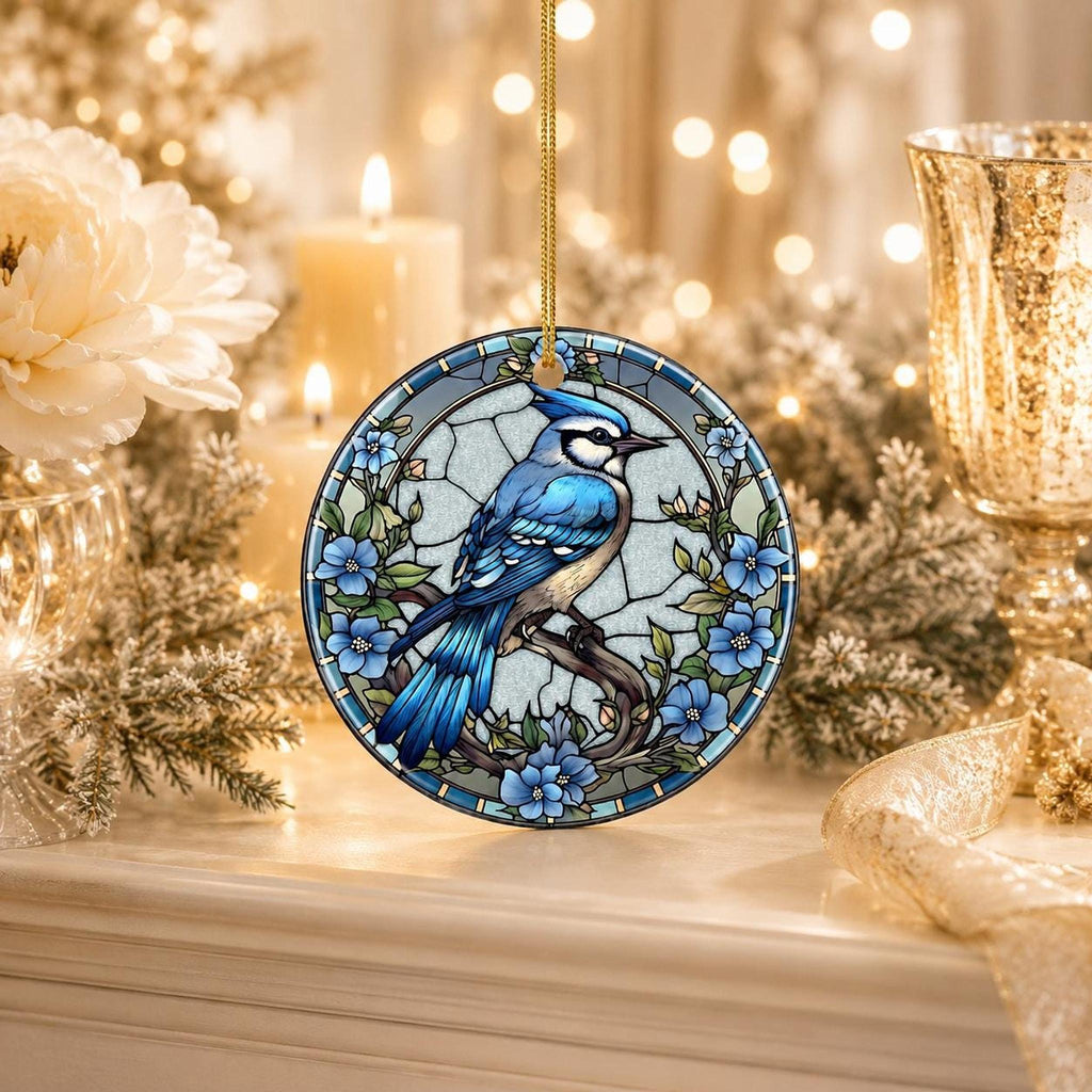 Blue Jay Ornament, Ceramic Keepsake with Stained Glass Inspired Design