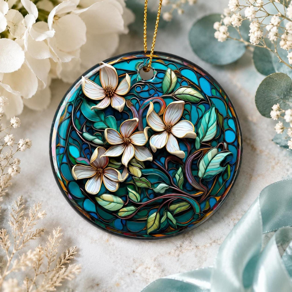 Magnolia Ornament, Teal Floral Ceramic Keepsake with Personalized Option
