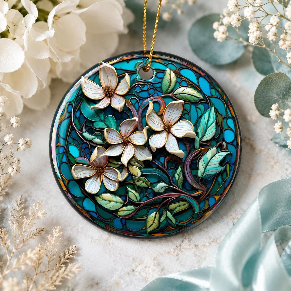 Magnolia Ornament, Teal Floral Ceramic Keepsake with Personalized Option